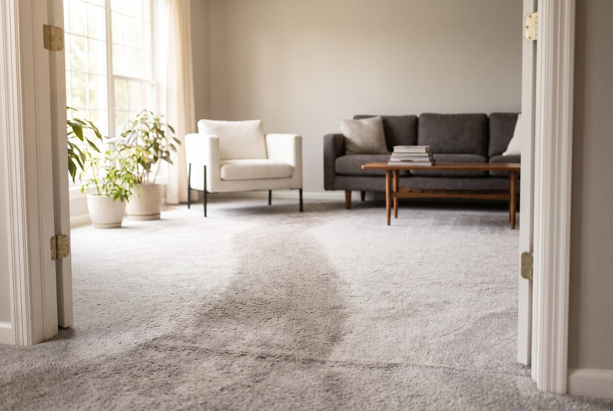 A bright living room with light gray carpet showing a darker worn path running from a doorway toward a sofa.