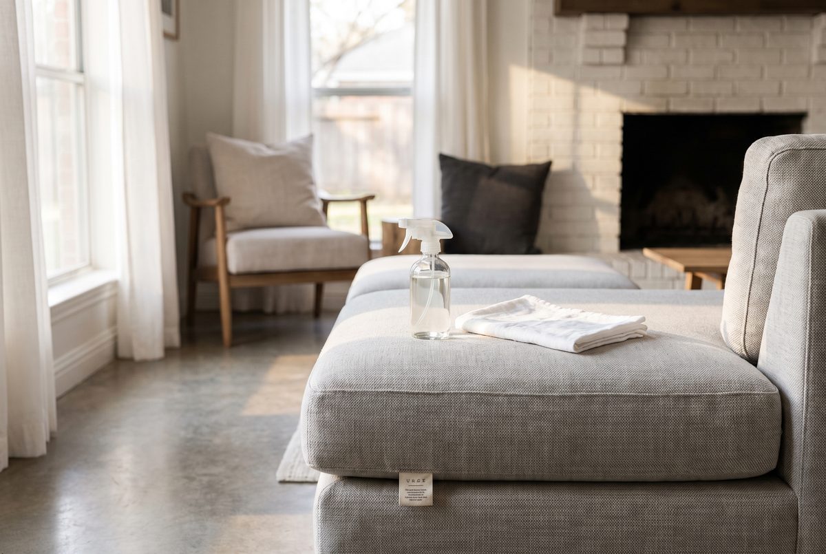 A fabric sofa in a bright living room with a small spray bottle and a folded white cloth on the cushion