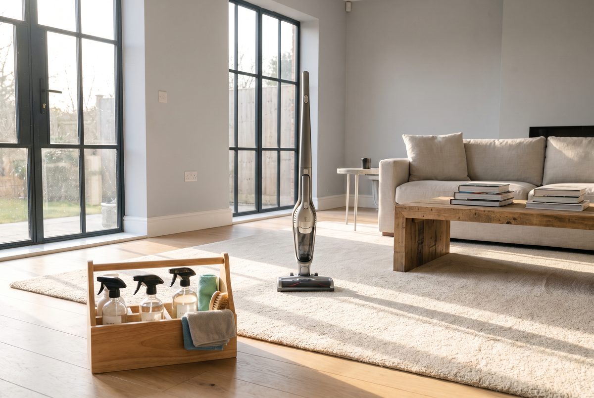 Bright living room with freshly vacuumed carpet and a caddy of cleaning supplies near the doorway.