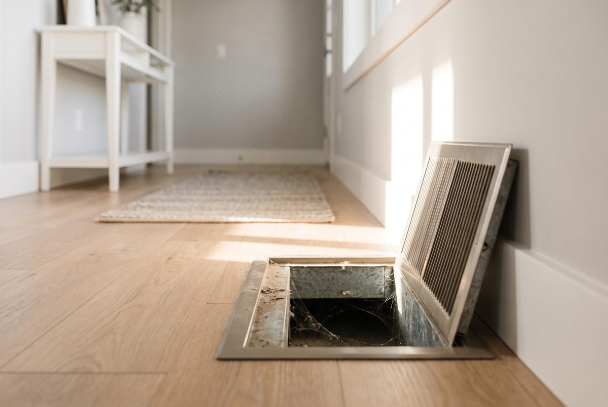 A floor-level supply register lifted out of a wood floor in a bright hallway, showing dust inside the duct below.