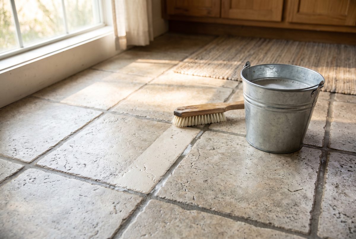 A kitchen floor of beige tile with one strip of grout scrubbed clean beside a stiff nylon brush and a bucket