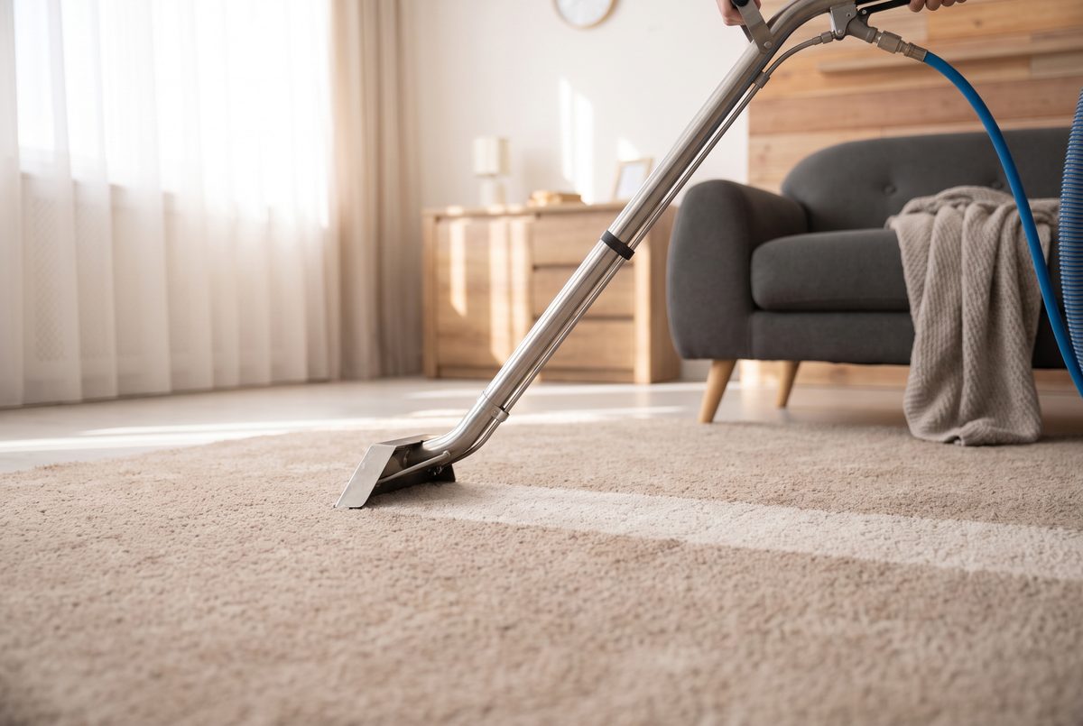 A carpet cleaning wand pulling a visibly brighter stripe across beige carpet in a sunlit living room.