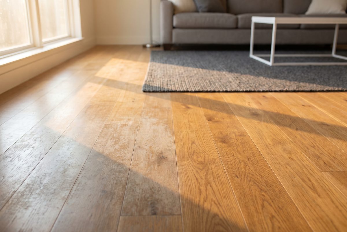 Hardwood floor in a San Antonio home, one half dull with buildup and the other half clean