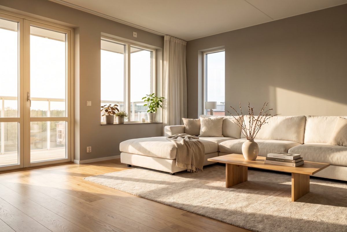 A living room in an older Alamo Heights style home with freshly cleaned beige wall-to-wall carpet and a wood floor visible in the doorway