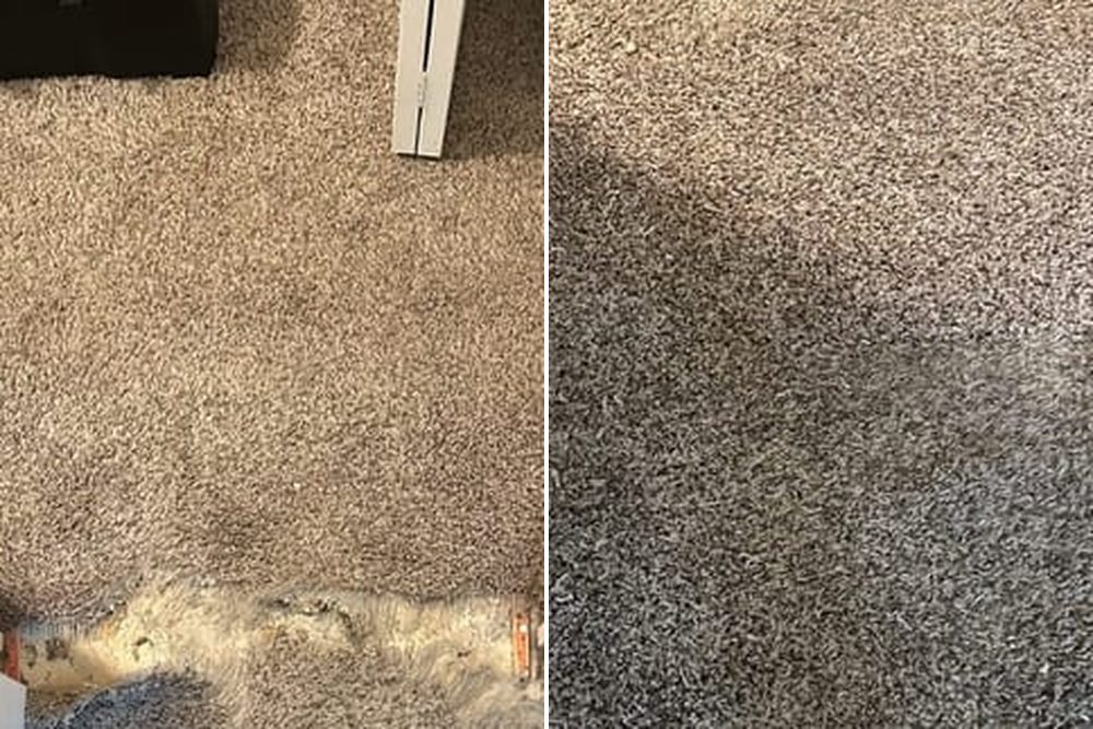 Before and after: carpet pulled apart at a doorway with the padding showing, then the same doorway with the carpet laid flat