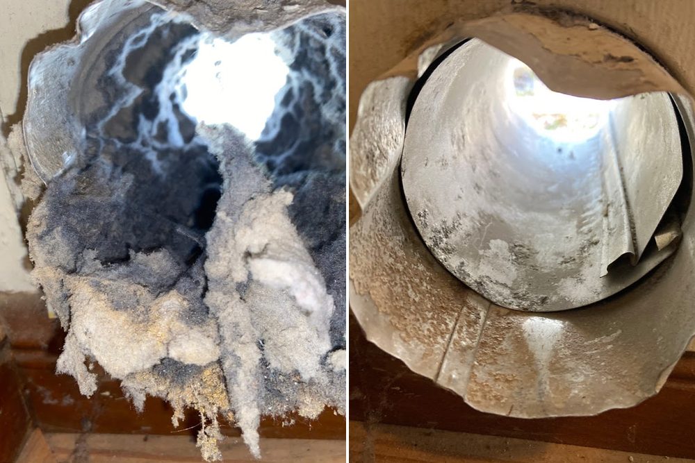 Before and after: a dryer vent pipe packed with grey lint, then the same pipe clear