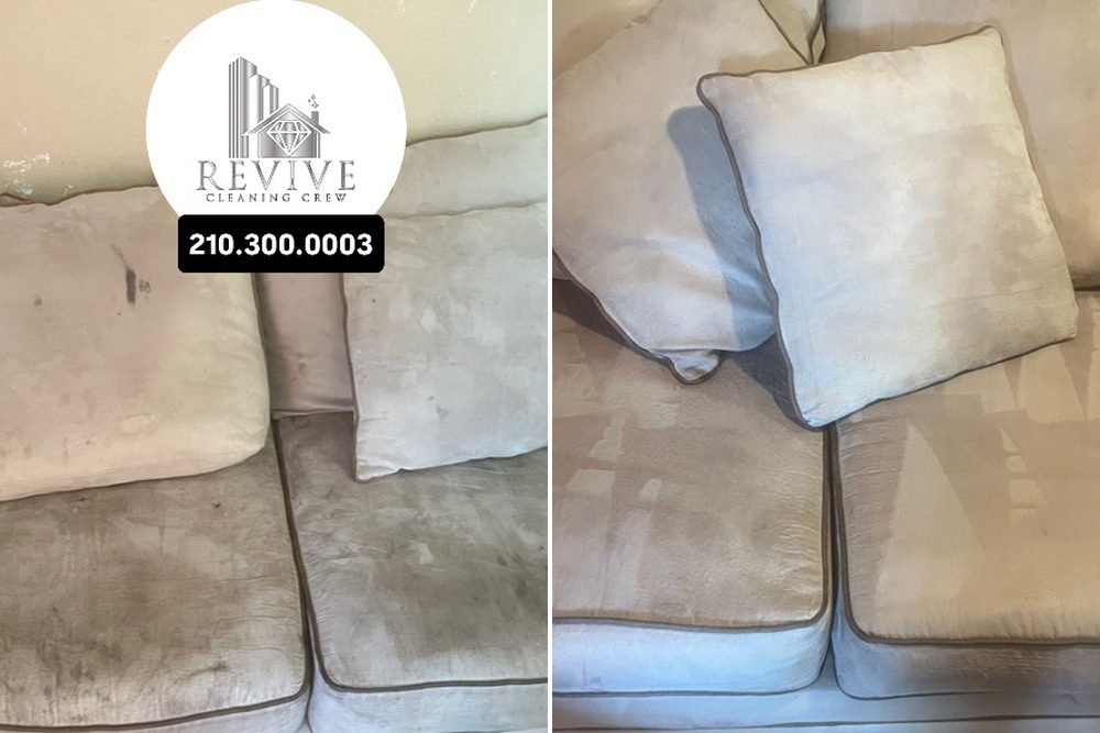Before and after: a light fabric loveseat with grey marks on the cushions, then the same cushions clean